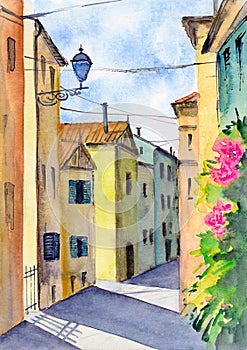 Watercolor illustration of an old city street with colorful houses