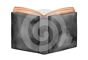 Watercolor illustration of old distressed book with black cover.