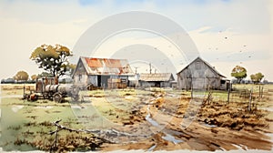 Watercolor Illustration Of An Old Farm In The Style Of Robby Cavanaugh