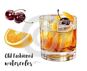 Watercolor illustration of old fashioned cocktail drink close up. Design template for packaging, menu, postcards.