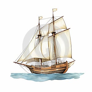 Watercolor Illustration Of An Old Sailing Ship In The Ocean