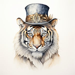 Watercolor Illustration Of An Old Tiger Wearing A Top Hat