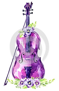 Watercolor illustration. Old violin with pansy flowers. Antique object. Music spring collection in violet shades
