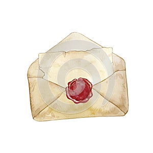 Watercolor illustration of an open envelope with a letter and wax seal isolated on white background.