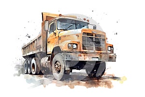 Watercolor illustration of an orange dump truck with watercolor splatters