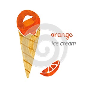 Watercolor illustration orange ice cream in waffle cone with text and slice of orange ingredient isolated on white