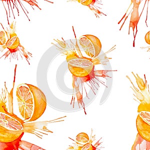 Watercolor illustration of orange in juice splash isolated on a white background. Seamless pattern