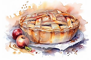 watercolor illustration painting of fresh tasty sweet apple pie