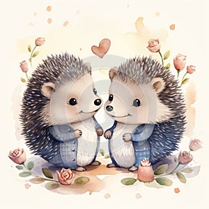 Watercolor illustration of a pair of hedgehogs in love on a white background