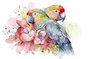 Watercolor illustration of pair of parrots surrounded by flowers and splashes of watercolor paint