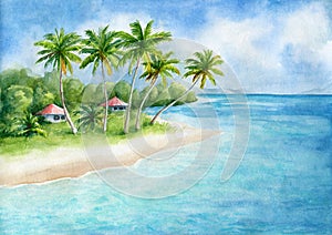 Watercolor illustration of a palm beach resort