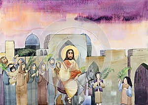 Watercolor illustration of Palm Sunday: Jesus Christ enters Jerusalem on a donkey, people greet him with palm branches. For photo