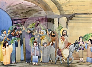 Watercolor illustration of Palm Sunday: Jesus Christ enters Jerusalem on a donkey, people greet him with palm branches. For photo