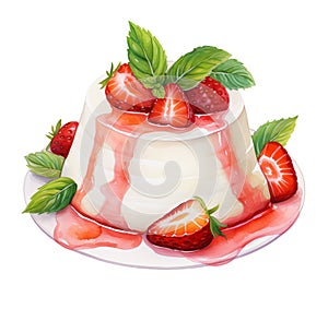 Watercolor illustration of panna cotta with strawberry topping and fresh slices isolated on white background