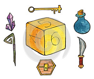 Watercolor illustration: Paraphernalia for role playing games. Dices, crystals, bottle with magic potion, staff, knife