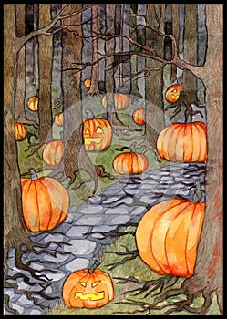 Watercolor illustration with path or trailway, scary pumpkin head and lanterns hiding behind the  gloomy trees in dark forest or