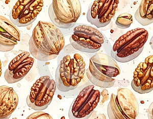 Watercolor illustration pattern of assorted nuts on a white background