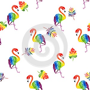 Watercolor illustration pattern of a beautiful tropical exotic rainbow flamingo with tropical rainbow-colored leaves