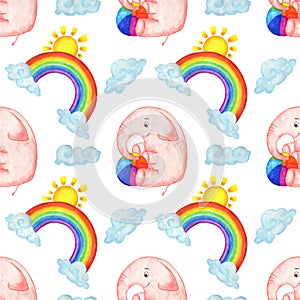 Watercolor illustration pattern of cute pink elephant in the clouds with rainbow and sun.