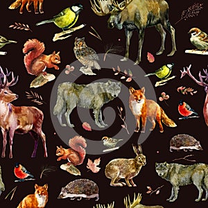 Watercolor illustration, pattern. Forest animals on a dark brown background. Elk, wolf, fox, hare, squirrel, hedgehog, tit,