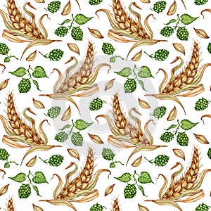 Pattern of ears of wheat and hop cones watercolor
