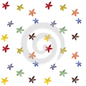 Watercolor illustration of a pattern of simple multicolored flowers on a white background.
