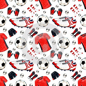 Watercolor illustration pattern of soccer ball, shoes and shapes.