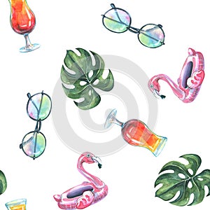 Watercolor illustration of a pattern on the theme of a beach bar.