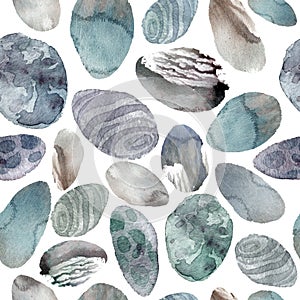 Watercolor illustration. Pattern of transparent stones of gentle gray and blue shades.