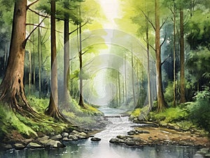 watercolor illustration of peaceful forest river