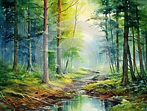 watercolor illustration of peaceful forest river