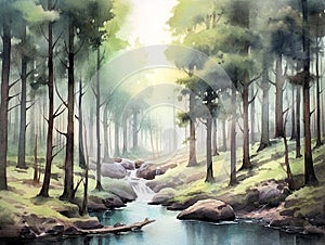 watercolor illustration of peaceful forest river