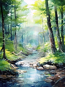 watercolor illustration of peaceful forest river