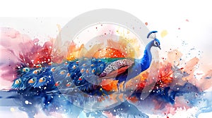 Watercolor illustration of peacock with bright feathers. Concept of wildlife beauty, ornithology, bird watching, exotic