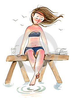 Watercolor illustration. Pensive sunburnt woman in a swimsuit