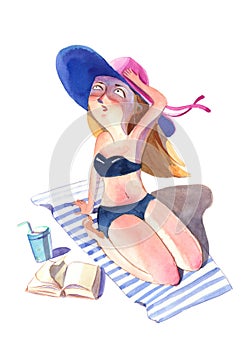 Watercolor illustration. Pensive sunburnt woman in a swimsuit