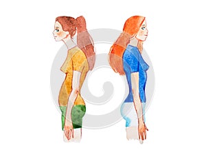 Watercolor illustration of people with right and wrong posture. Woman with normal healthy spine and abnormal sick spine