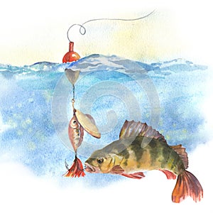 watercolor illustration, perch swims up to a fishing hook with bait underwater, isolated on a white background