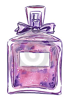 Watercolor illustration of a perfume bottle in purple  color