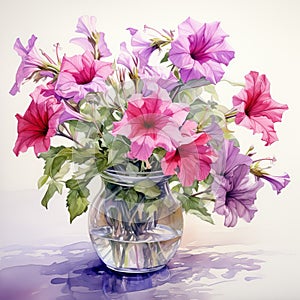 Watercolor Illustration Of Petunia In A Vase photo
