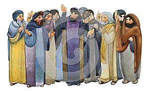 Watercolor illustration of Pharisees, Old Testament Jews, scribes. A crowd, a gathering of men discussing something and being