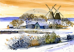 Watercolor illustration of a picturesque village with houses and two windmills