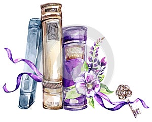 Watercolor illustration. A pile of old books with a bow, pansies, leaves and key. Antique objects. Spring collection in