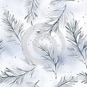 Watercolor illustration of pine branches with snowflakes on soft gray background