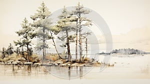 Watercolor Illustration Of Pine Trees On A Shore