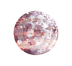 Watercolor illustration of pink full moon with sparkles, isolated on white background.