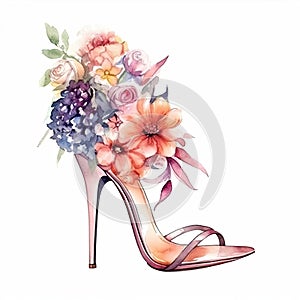 Watercolor illustration of a pink high heels with flowers