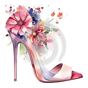 Watercolor illustration of a pink high heels with flowers