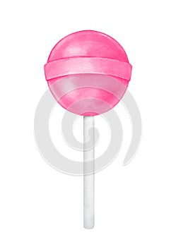 Watercolor illustration of pink round shaped lollipop on white stick.