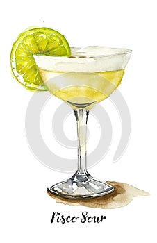 Watercolor illustration of a Pisco Sour cocktail isolated on white